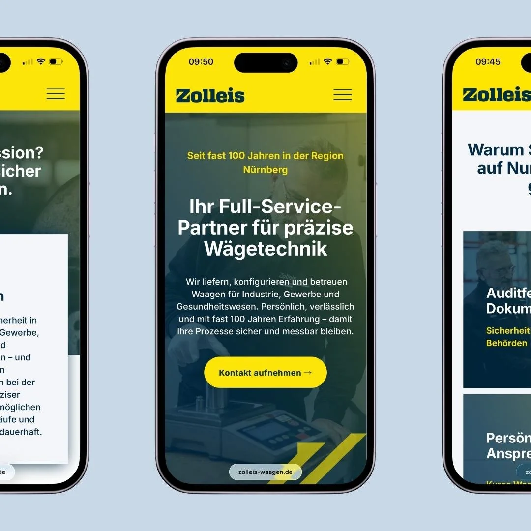 Mobile Ansicht der Website der Zolleis Waagen GmbH auf mehreren Smartphones.