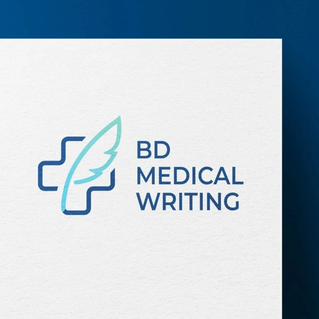 Logo von BD Medical Writing mit medizinischem Kreuz und stilisierter Feder als Symbol für Medical Writing