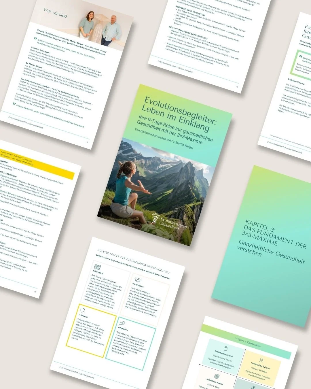E-Book-Design des Evolutionsbegleiters mit Cover und gestalteten Innenseiten für den Evolutionsraum Gesundheit.