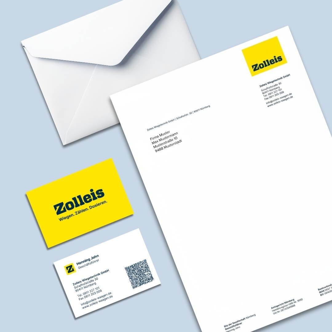 Briefpapier, Briefumschlag und Visitenkarten der Zolleis Waagen GmbH im neuen Corporate Design.