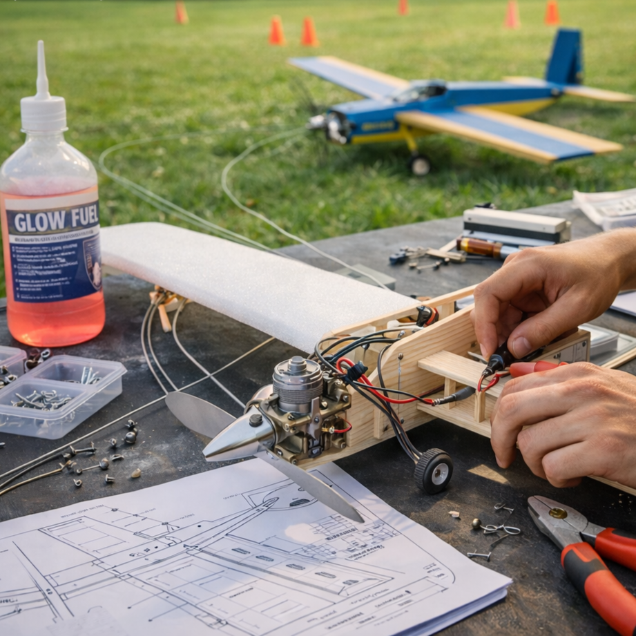 Control line airplane engineering project built from balsa wood and flown at summer camp