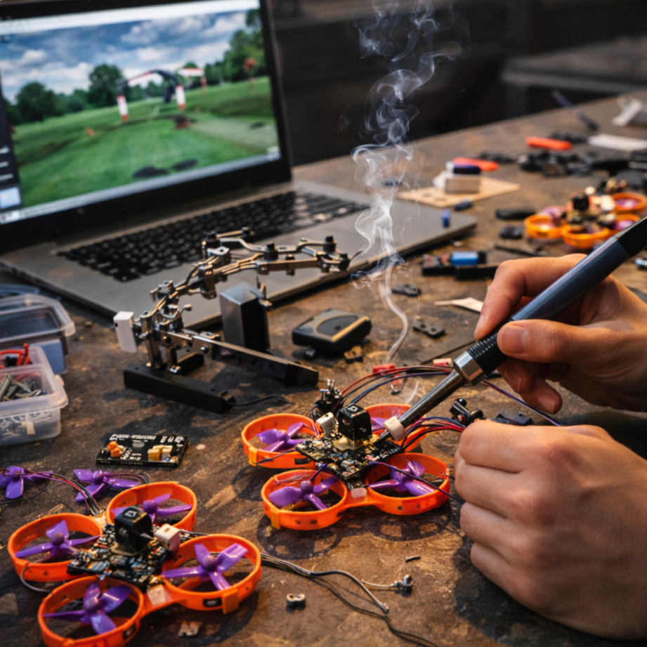 Racing drone engineering project with soldered electronics and park flight testing