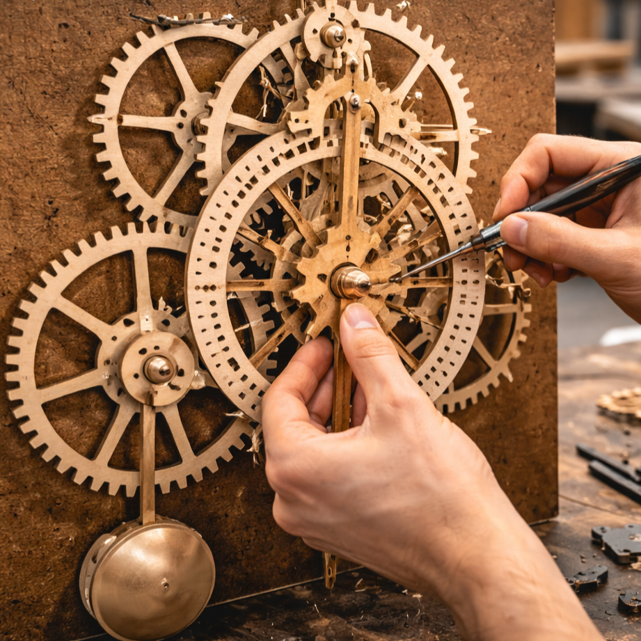 Laser-cut mechanical clock engineering project with gears and timing mechanisms