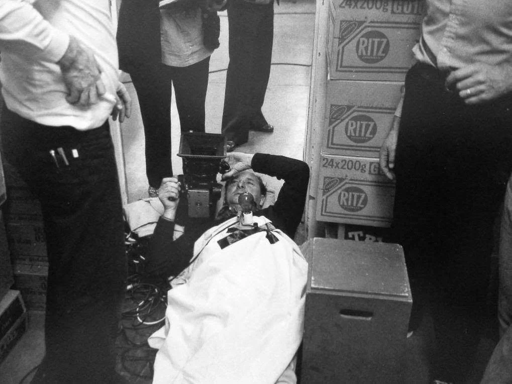 The Shining, 1980. Operator Kelvin Pike frames up the shot and acts as a light source all at the same time.