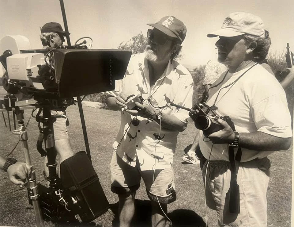 Tin Cup, 1996 -  "Director: Ron Shelton, DP Russell Boyd, ASC, ACS checking the remote accuracy for the Panavision Anamorphic Lens. Steadicam Operator: Harry Garvin SOC is about to do 360’s on the golf course. Russell loved to do the Irish pulls, we 