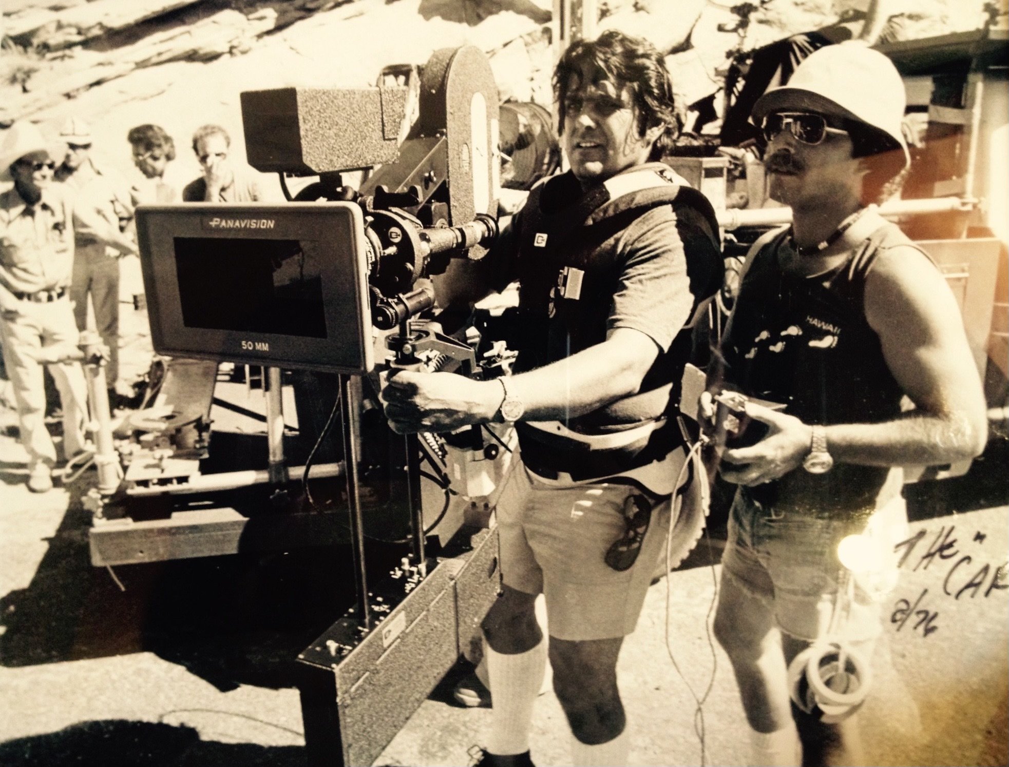 The Car, 1977. Hector Figeuroa holding the steadicam and Tony Rivetti pulling focus. This was the original steadicam build where the motor for the camera was in the base and a spindle up the post ran the camera. The camera, a modified 2c, was attache