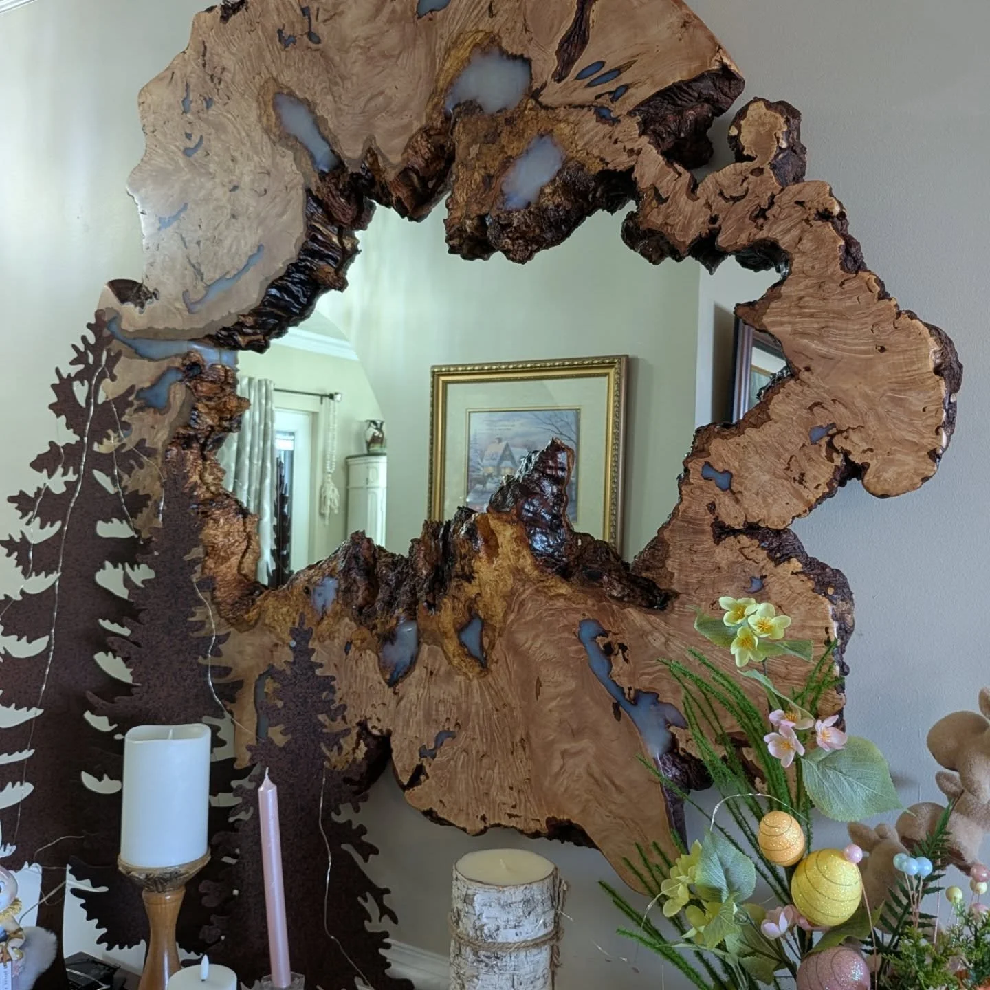 I am a couple weeks late posting, but we delivered this one-of-a-kind hollow burl slice mirror and solid burl coffee table with cosmic blue glow-in-the-dark epoxy to a client in #asheville