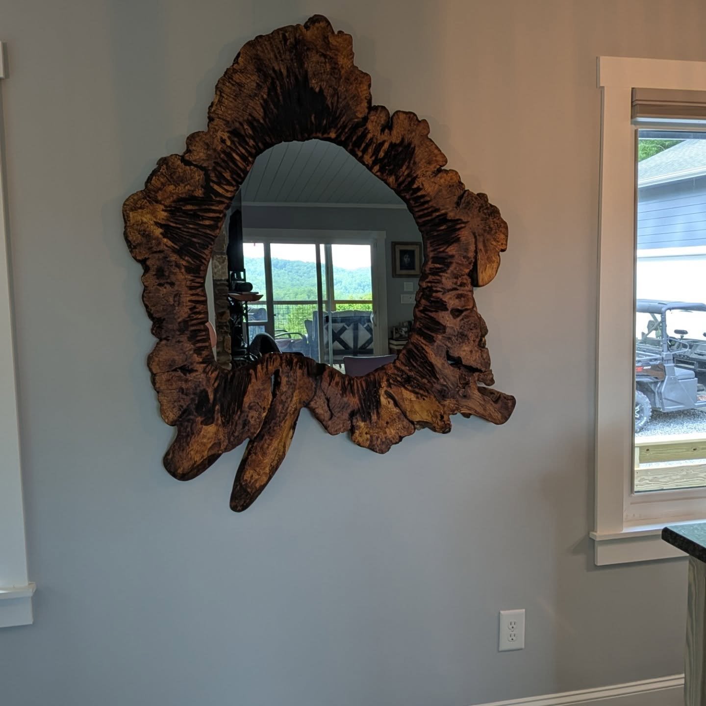 Just delivered this one-of-kind burly maple mirror to wonderful new clients in #brevardnc .
It looks great in their beautiful home. 
This one reminds me of an aspen leaf!