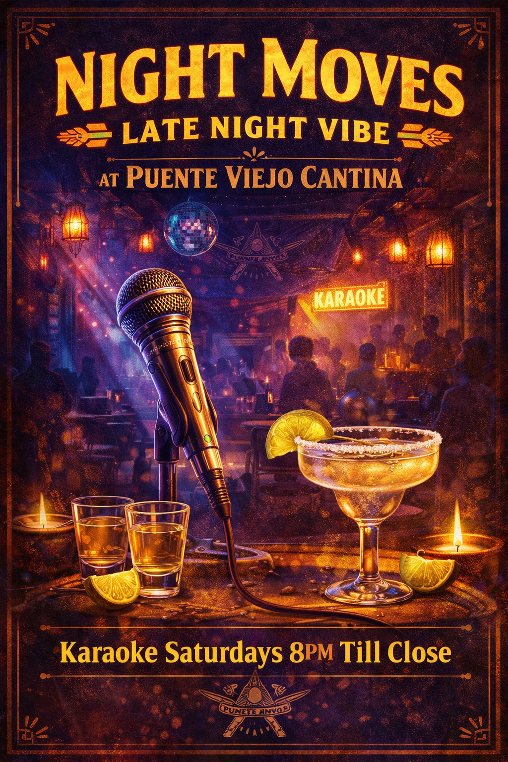 A promotional poster for a karaoke event at Puente Viejo Cantina featuring a microphone, a margarita glass, two shot glasses, and lemon wedges in a lively, bar-like setting with warm lighting, candles, and hanging lanterns. The poster text reads 'Night Moves: Late Night Vibe at Puente Viejo Cantina,' with karaoke happening Saturdays at 8 PM until close.