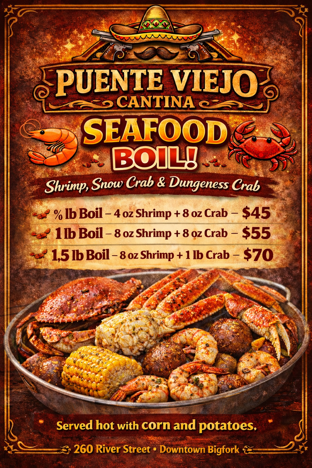 Menu poster for Puente Viejo Cantina's seafood boil with shrimp, snow crab, and dungeness crab, featuring colorful graphics of a crab and shrimp, and an image of a seafood boil dish with corn, potatoes, crab legs, and shrimp.