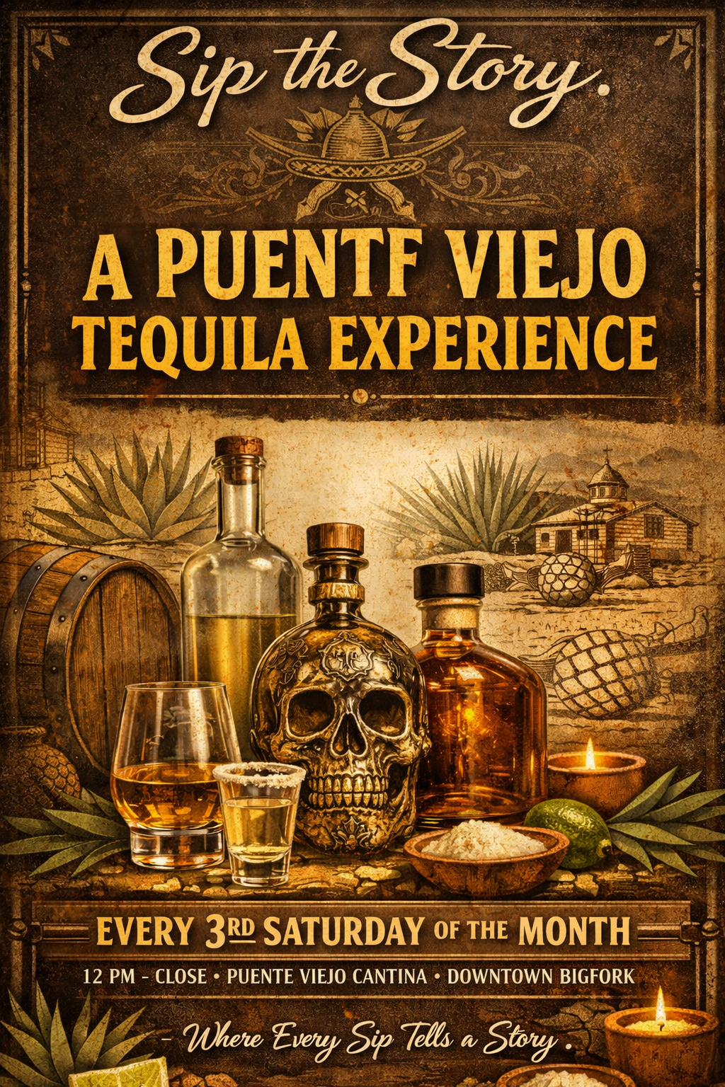 Event poster for a tequila tasting experience called "A Puente Viejo Tequila Experience," featuring tequila bottles, a skull, glasses of tequila, salt, lime, and candles. The event takes place every third Saturday of the month at Puente Viejo Cantina in Downtown Bigfork starting at 12 PM.