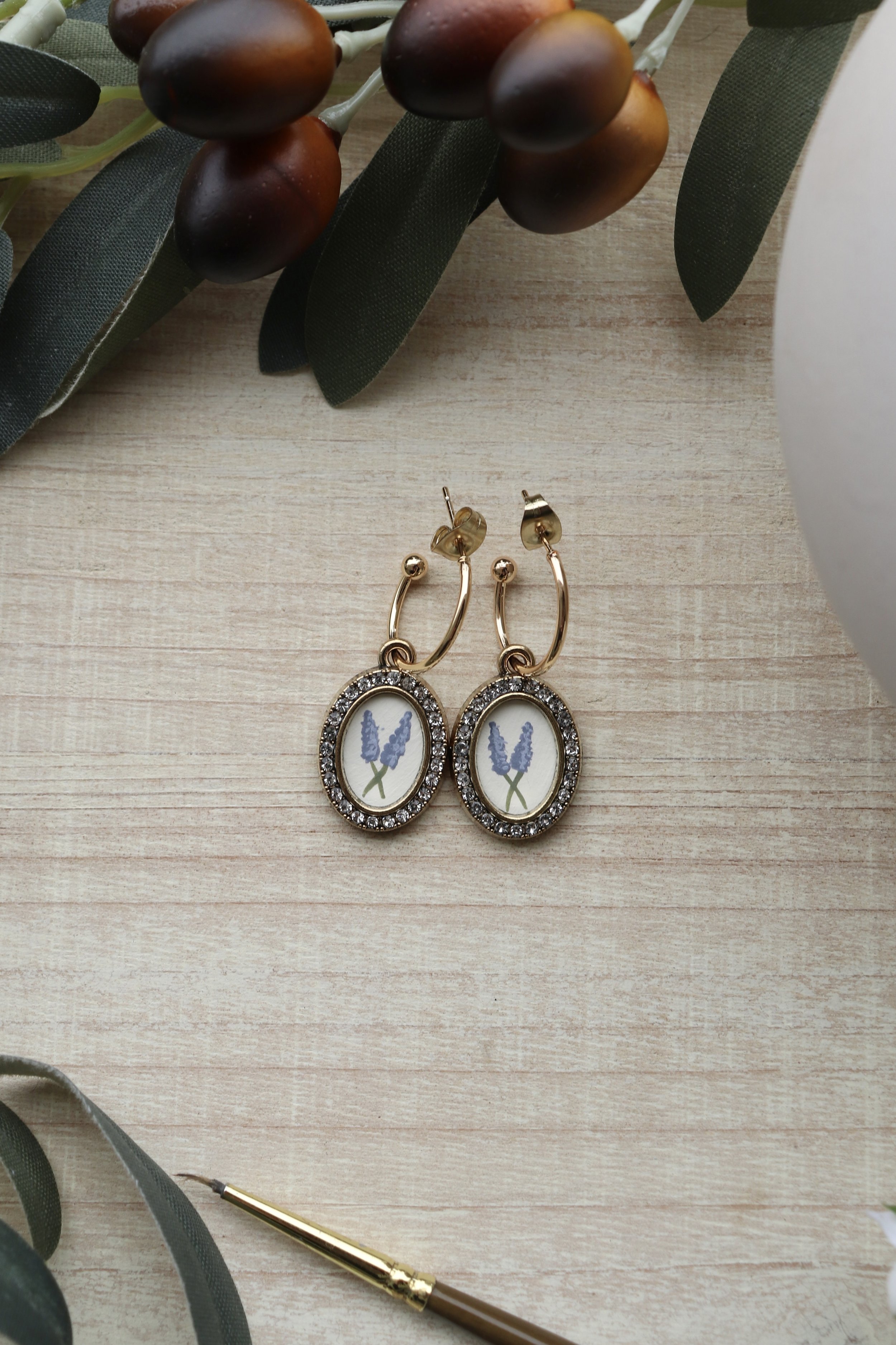 White Lavender Cameo Hand Painted Earringd