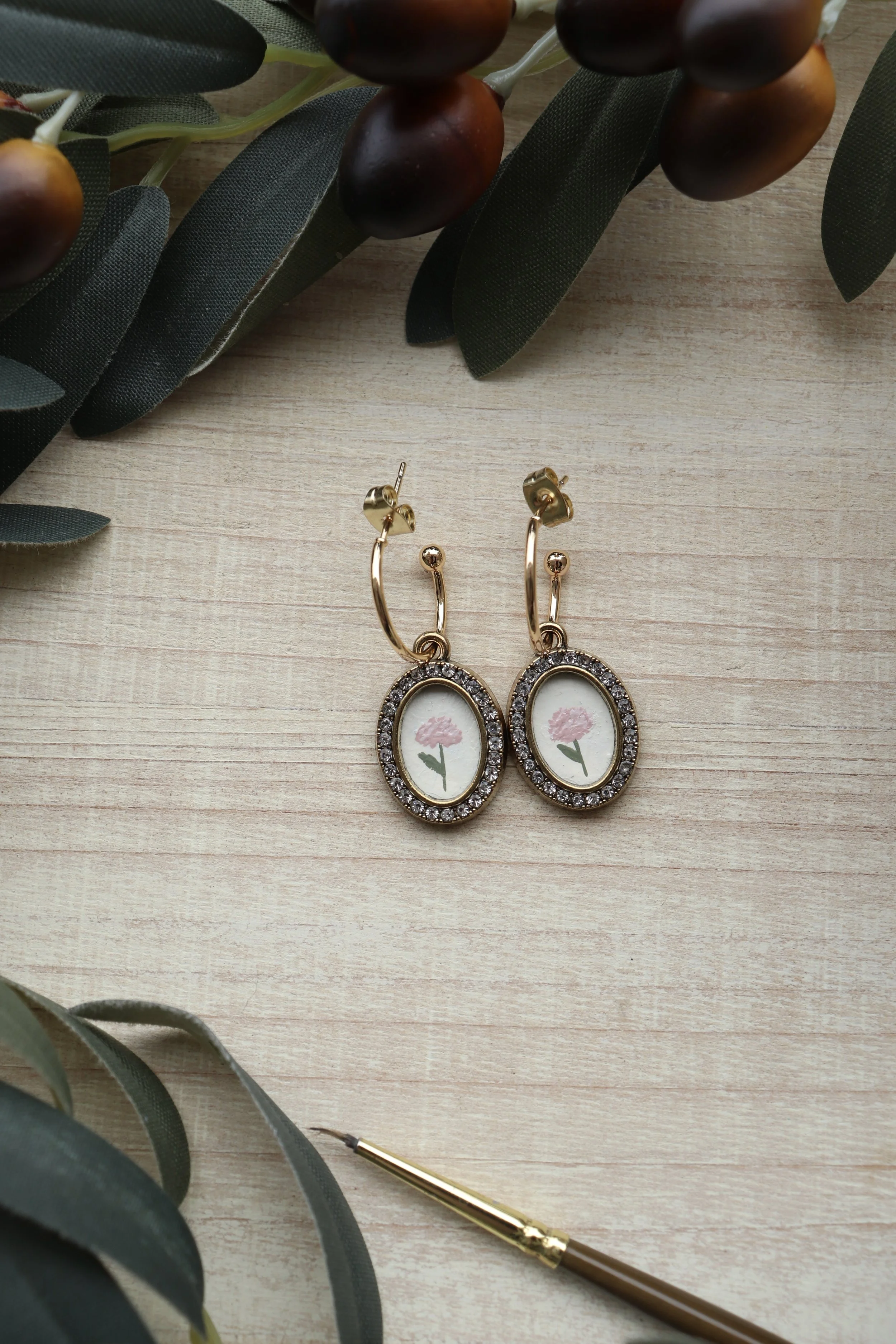 Pink Flower Cameo Hand Painted Earrings