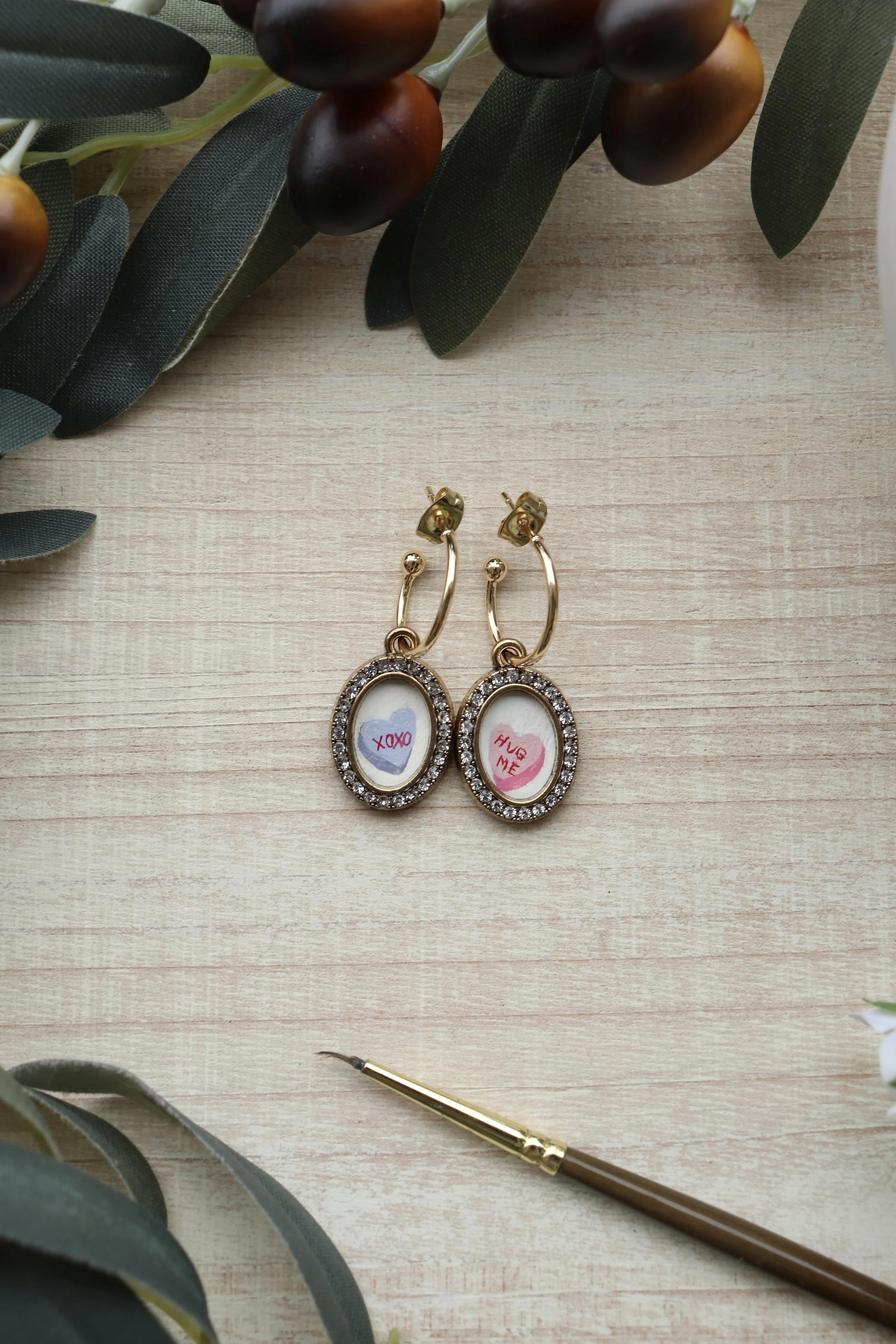 Candy Hearts Hand Painted Earrings Valentines Day