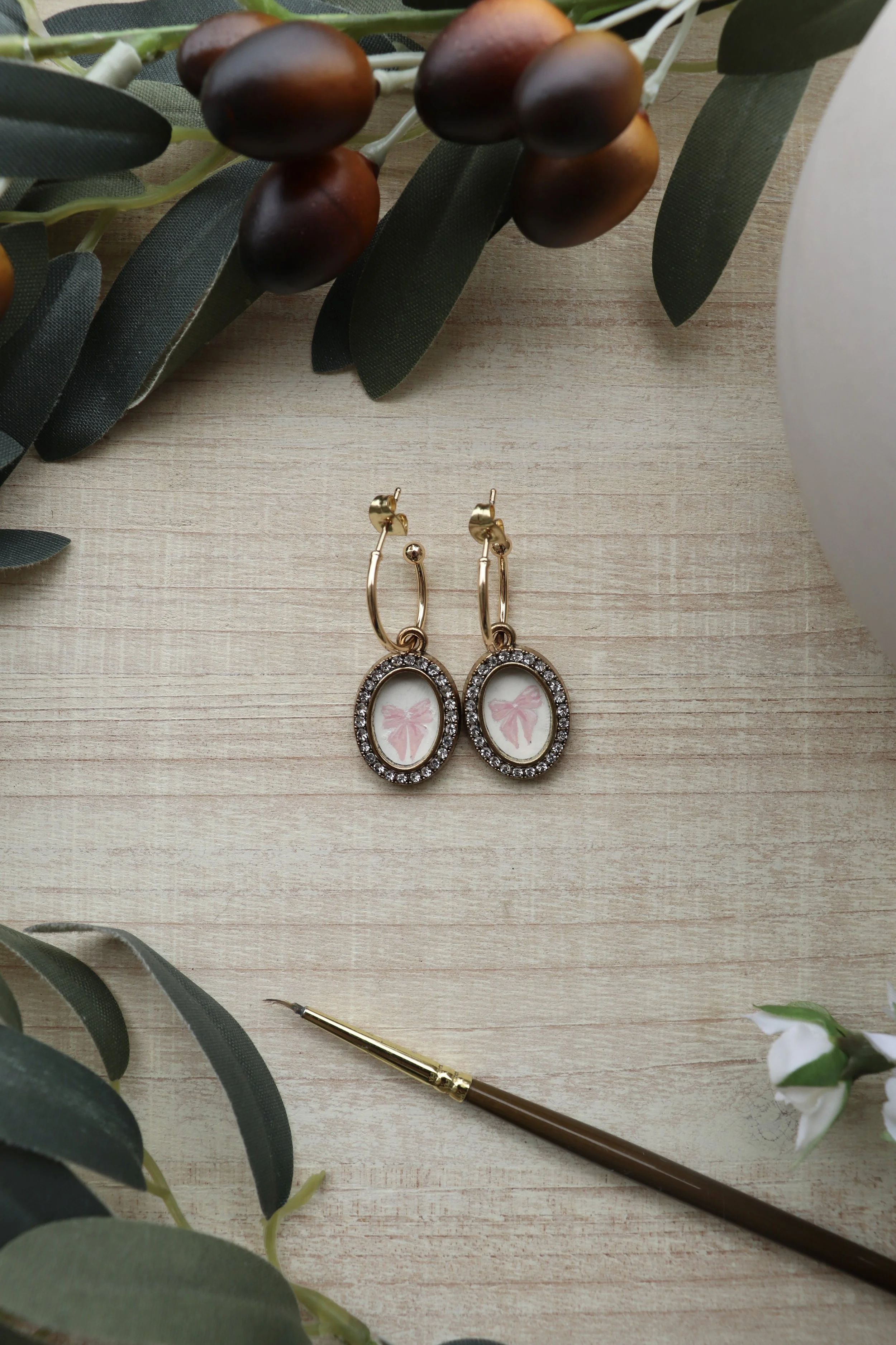 Pink Bow Hand Painted Earrings