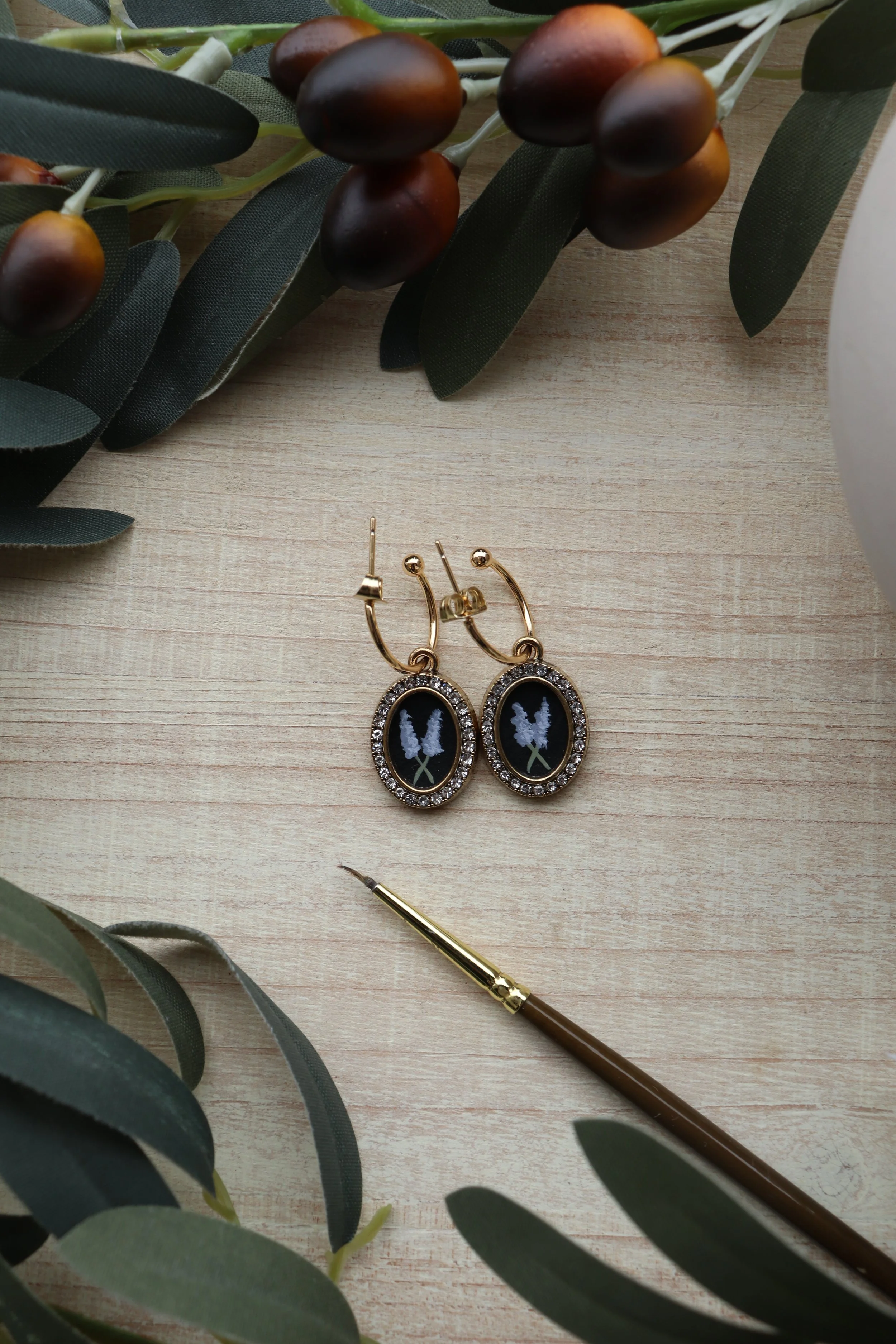 Black Lavender Cameo Hand-Painted Earrings