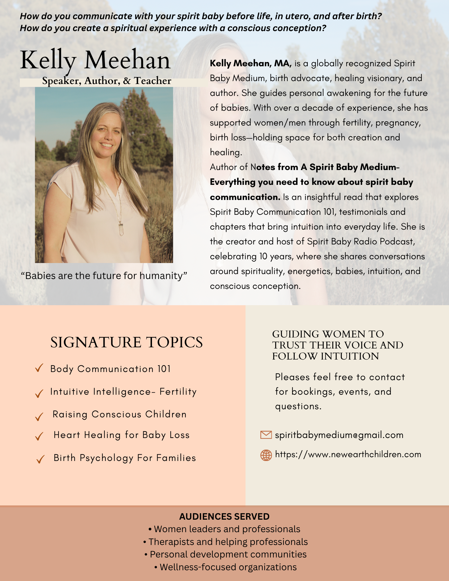 Flyer for Kelly Meehan, a spirit baby medium, author, and teacher. Features her photo and biography, lists signature topics such as body communication, fertility, conscious children, heart healing, and birth psychology. Includes contact info, services, and target audiences.