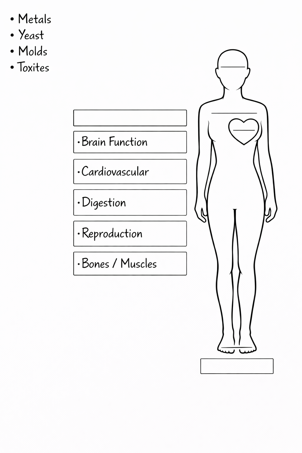 Outline of a human body with a large heart symbol in the chest area. List of health-related factors including metals, yeast, molds, toxins, brain function, cardiovascular, digestion, reproduction, and bones/muscles. A list of topics on the left side.