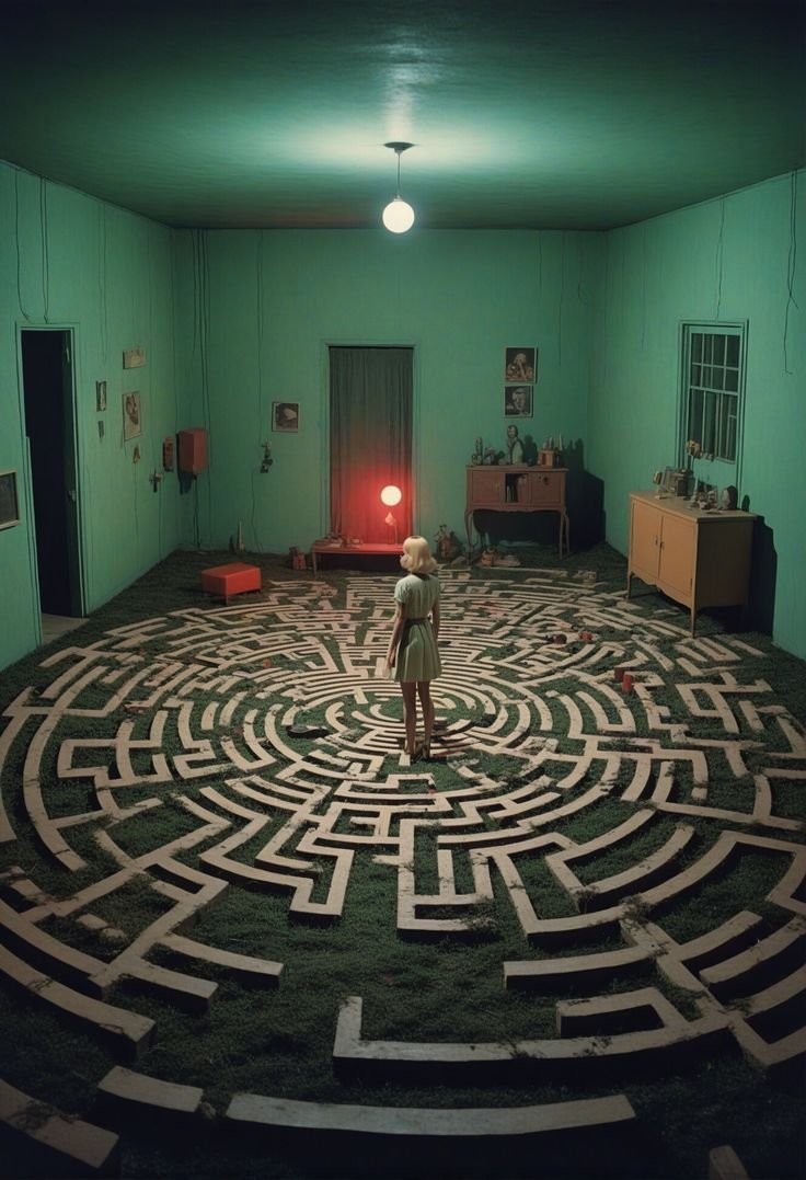 Lone figure standing inside a green room covered by a maze.