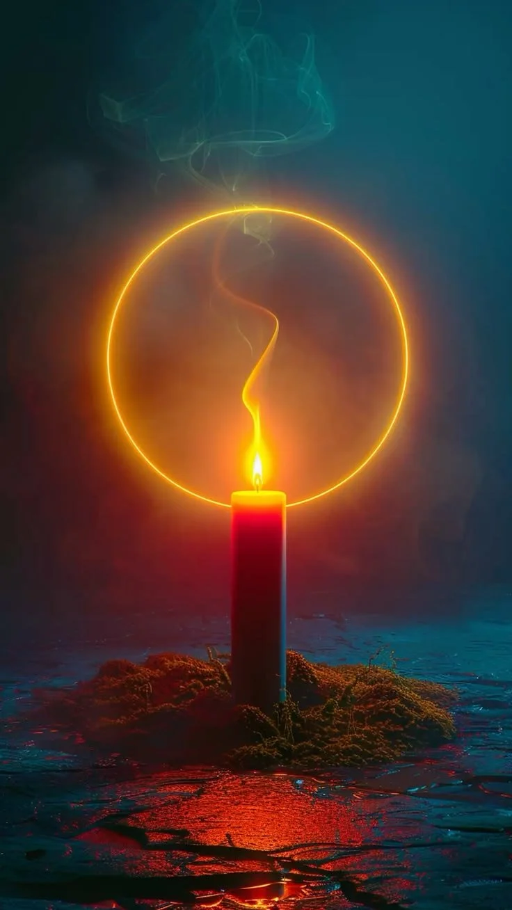 Single candle beneath a luminous circular portal in a dark room.