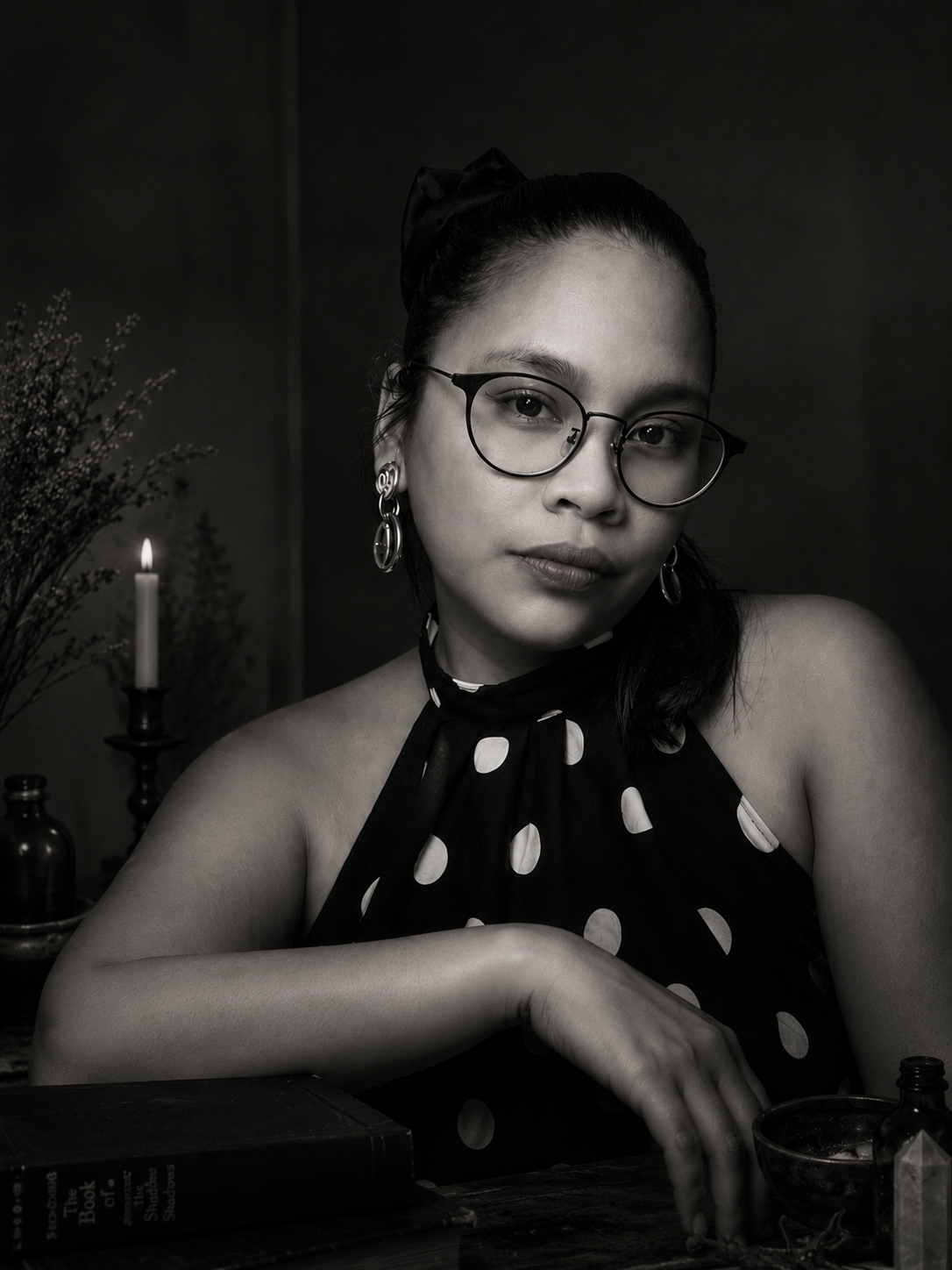 Black-and-white portrait of Madame Rberry at her workbench altar.