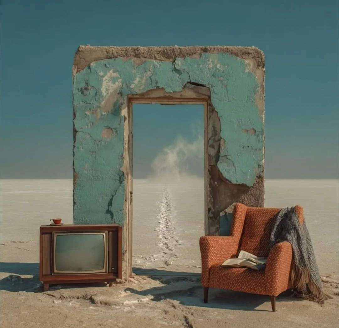 Weathered doorway, armchair and television standing in an empty pale landscape.