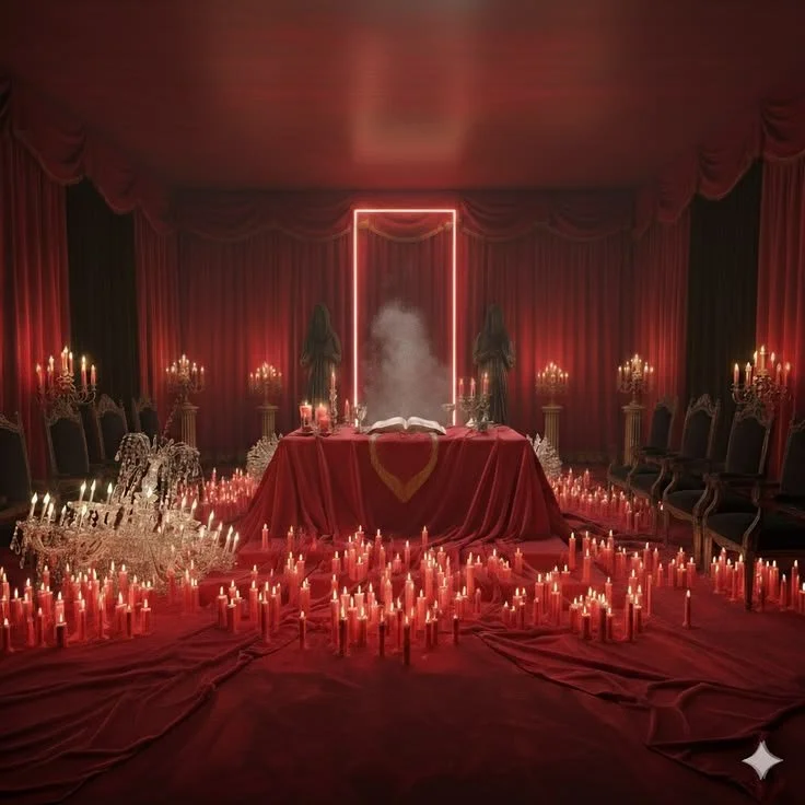 Red ritual room with smoke rising through an open doorway.