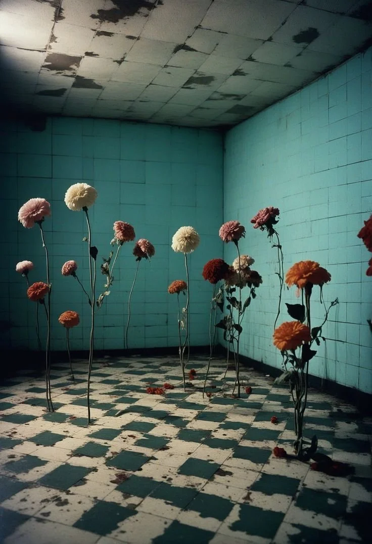 Wild flowers growing inside a decaying tiled room.