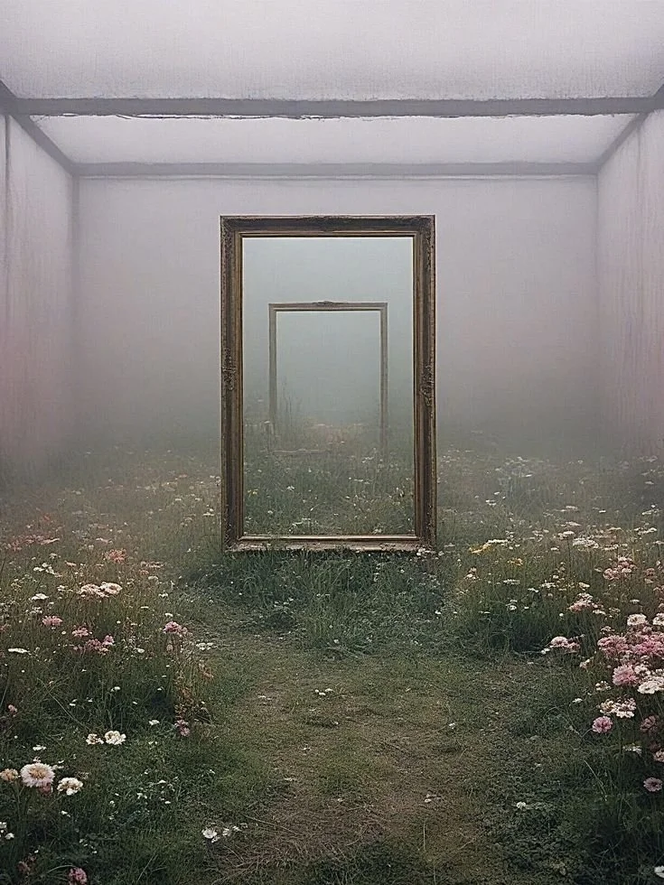 Surreal flower-covered doorway opening into a misty field.
