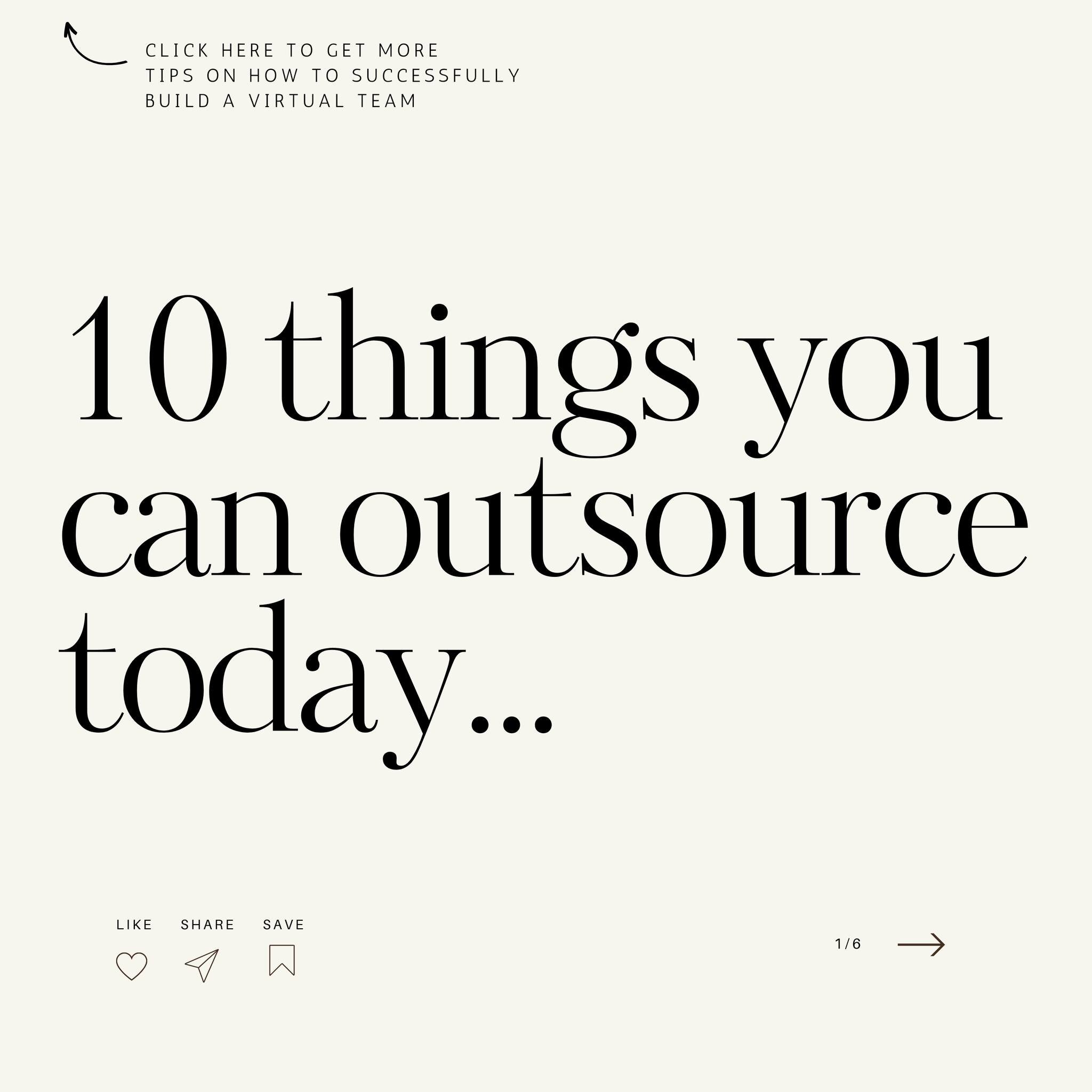 Here are 10 things you could outsource today 📥👇

1️⃣ Social Media Management: From scheduling posts, creating content to responding to comments.

2️⃣ Inbox and Calendar Management: Filing, flagging and responding to emails and customer enquiries.

