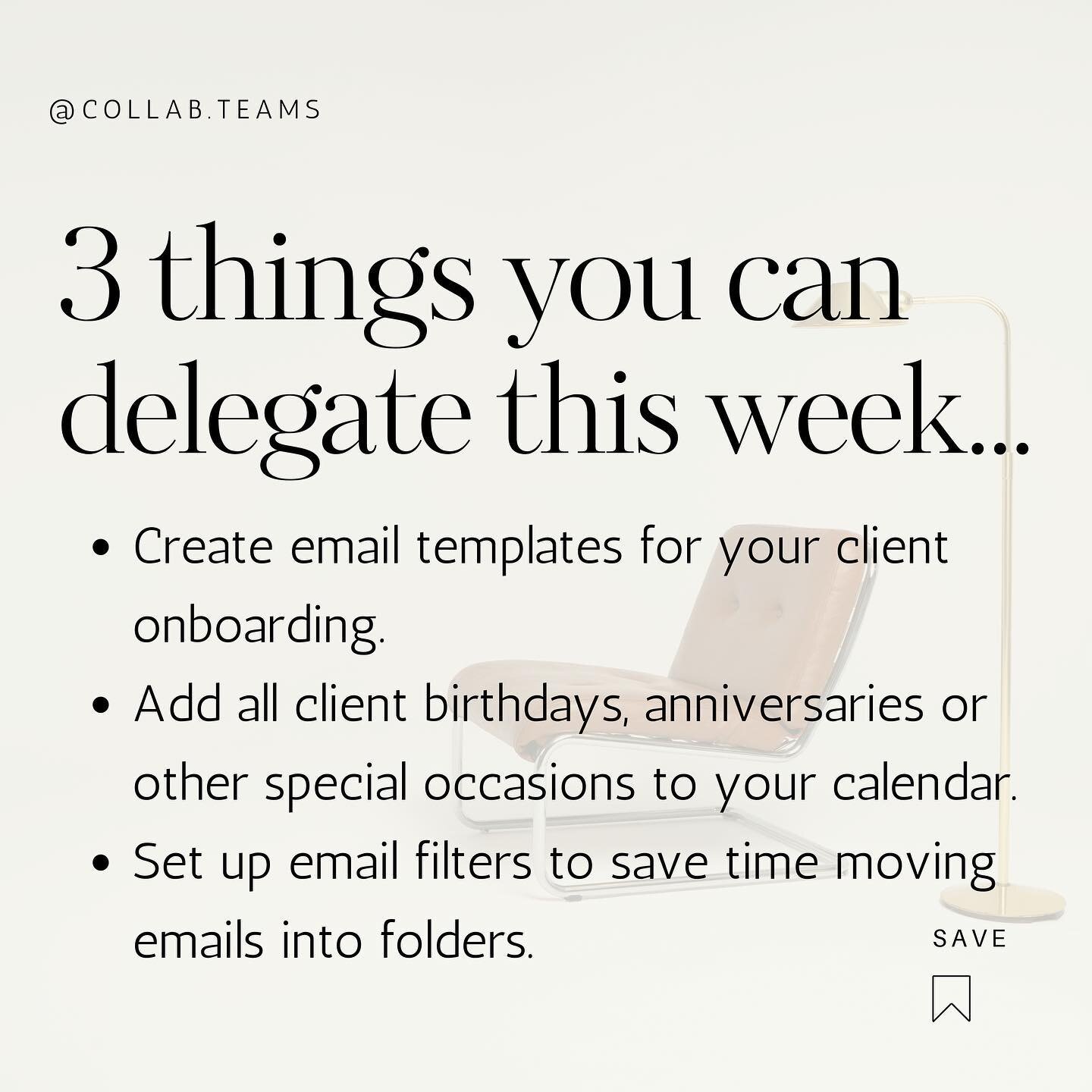 Here are 3 things you can delegate to your amazing Collaborator or Virtual Assistant this week 🫶🏻

1️⃣ Create email templates for your client onboarding. 

2️⃣ Add all client birthdays, anniversaries or other special occasions to your calendar. 

3
