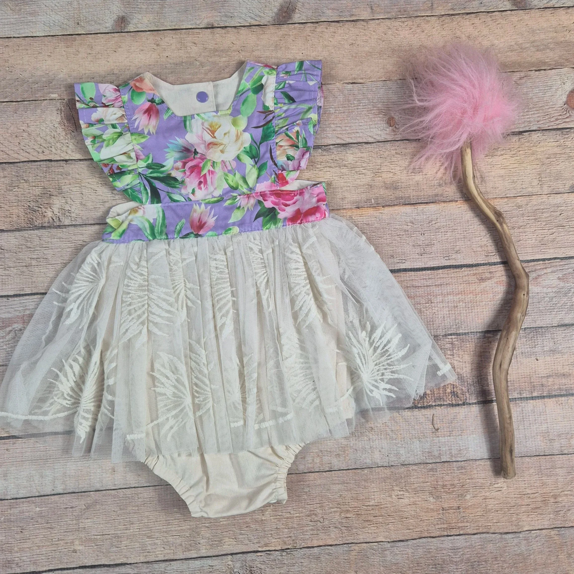 Size 1 Purple floral Pinafore dress with flutter sleeve and romper bottom