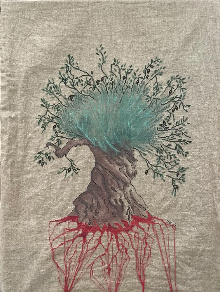 Homeless olive tree 2 / 75 x 107 cm / thread & paint on linen