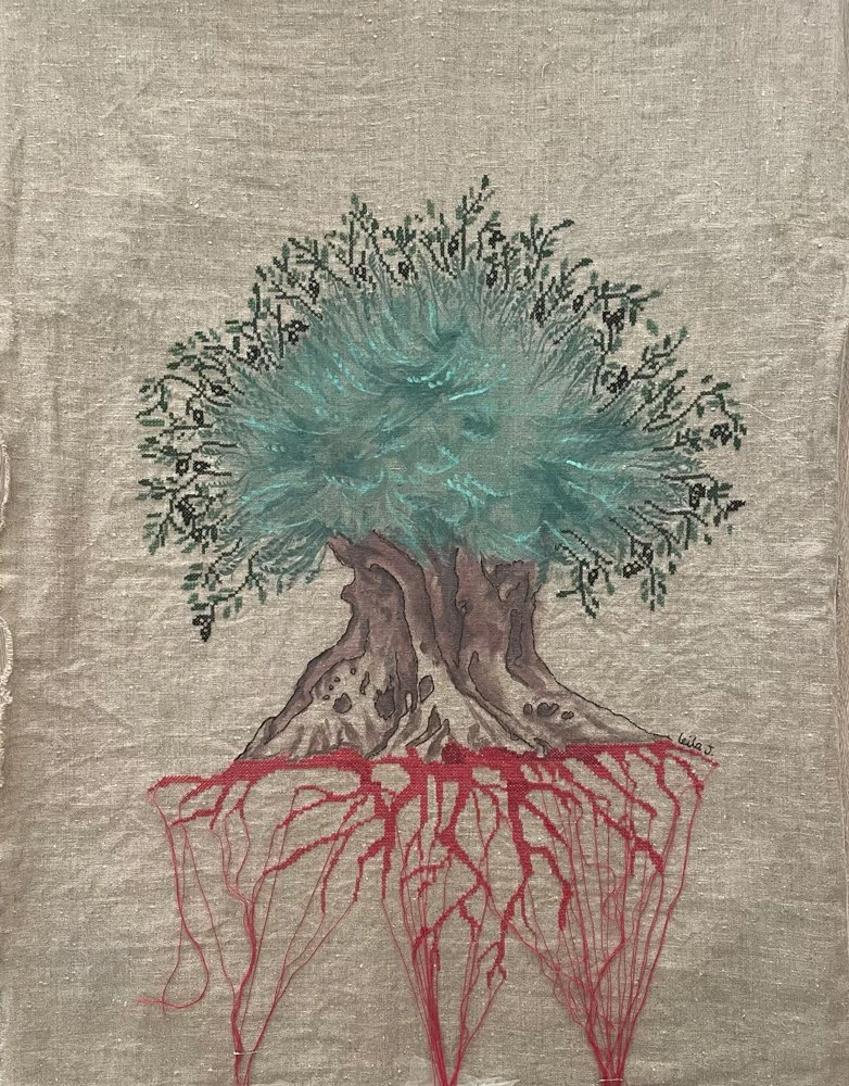 Homeless olive tree 1 / 75 x 107 cm / thread & paint on linen
