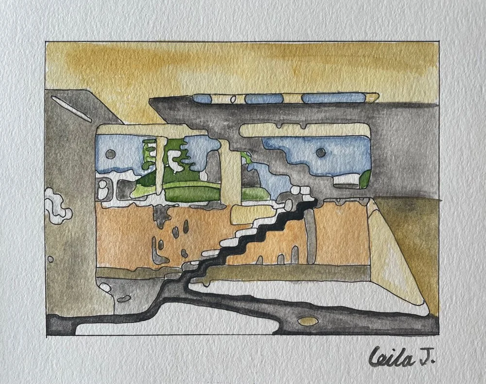 Oscar Nemeyer staircase / Watercolor / 11,5 x 15,4 cm / Wool thread on cloth