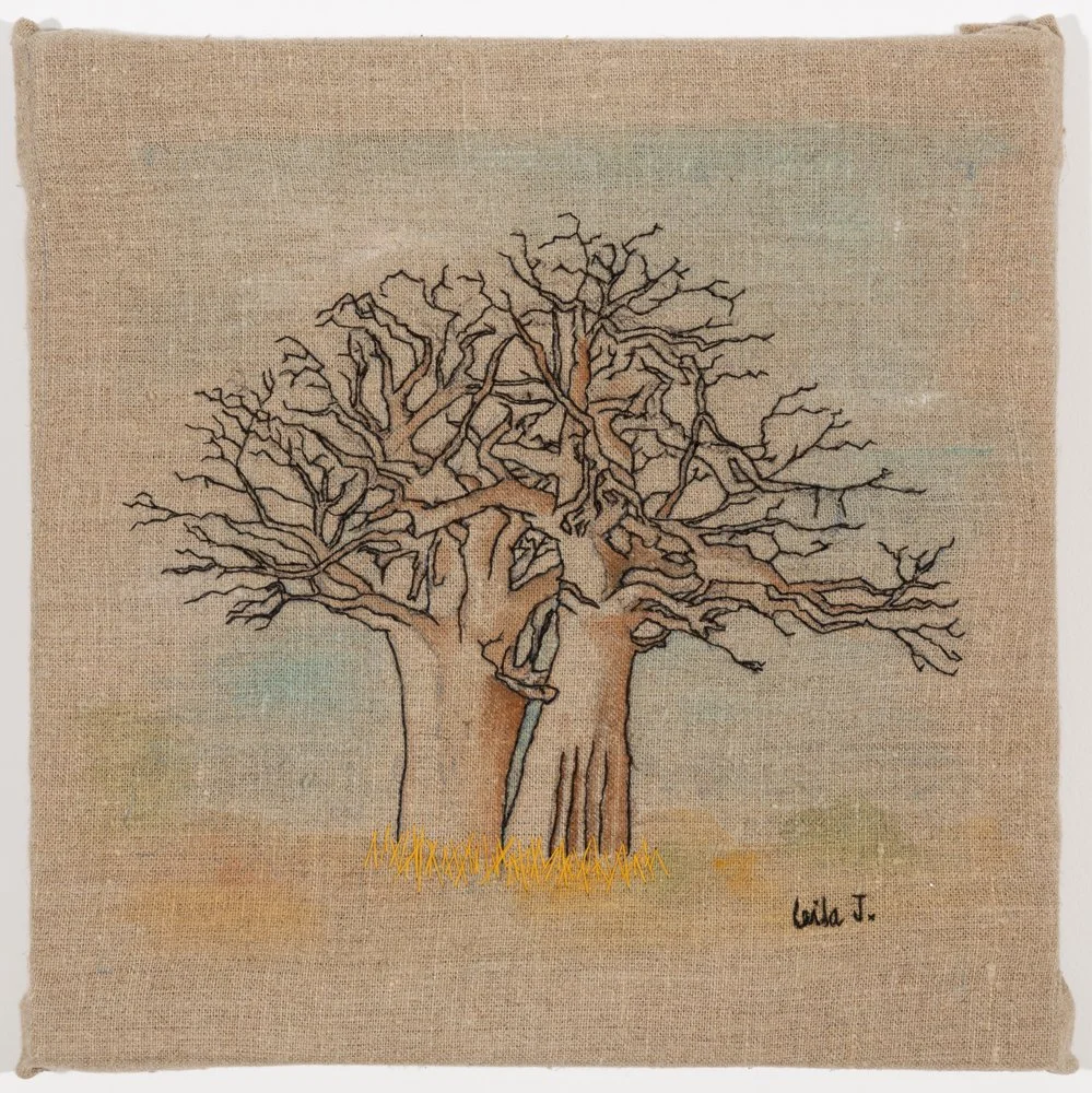 Baobab Twins / 29 x 29 cm / Watercolor and thread on canvas