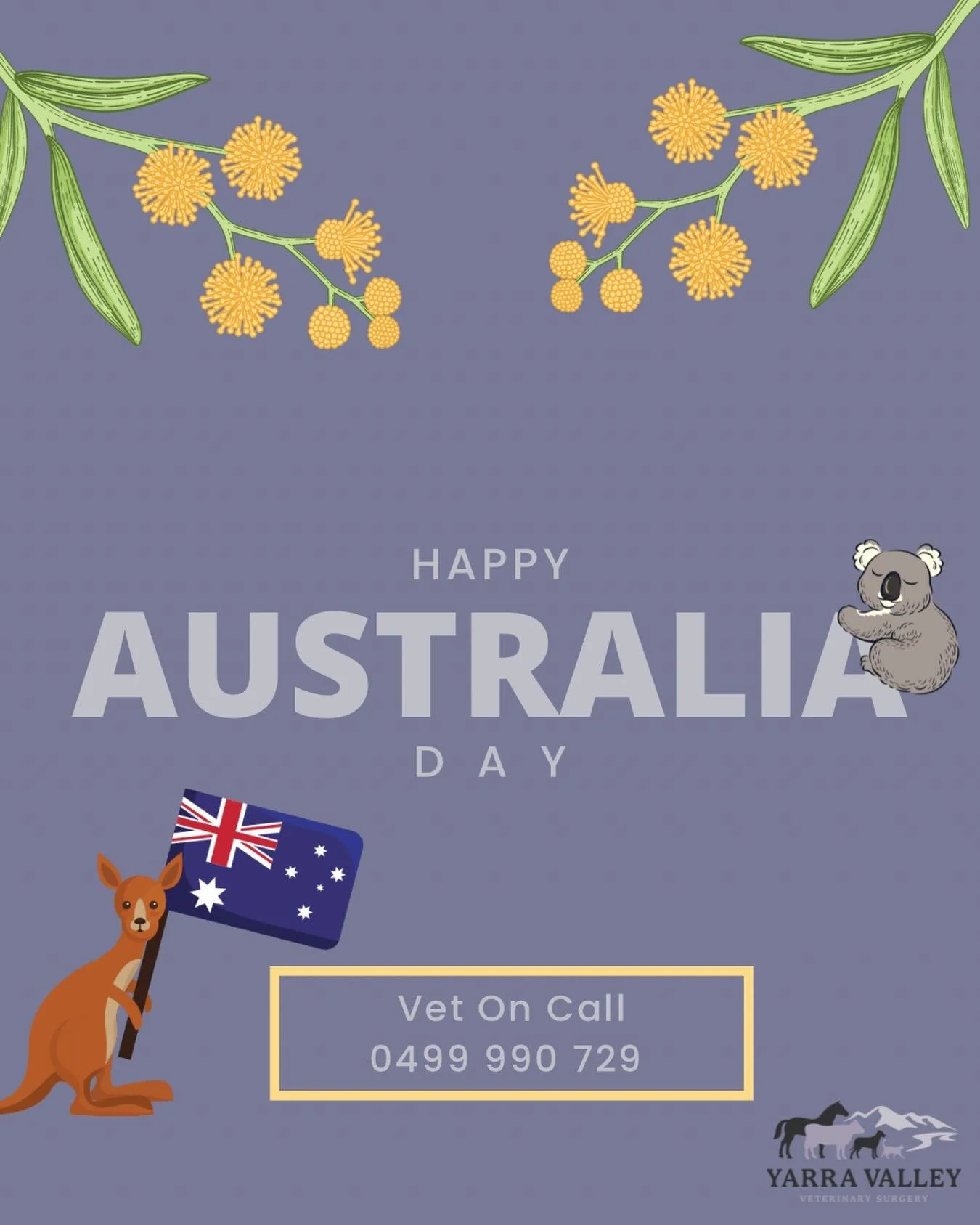 We are closed Monday 26/1 but for veterinary emergencies we have a vet on call
📲0499 990 729 

We will be back to normal 8am Tuesday!

Have a safe and relaxing long weekend! 

#australiaday #sevillevet #yarravalleyvet