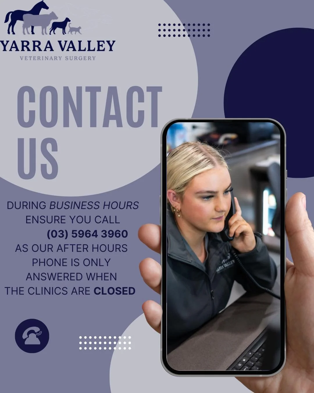 Phone numbers 📞 

Please ensure to call our clinic number
(03) 5964 3960 during business hours.

We keep our after hours phone number for out of business hours only, for emergencies. 

We are open 
Monday- Friday 8am-7pm
Saturday 8am-3pm 

We are cl