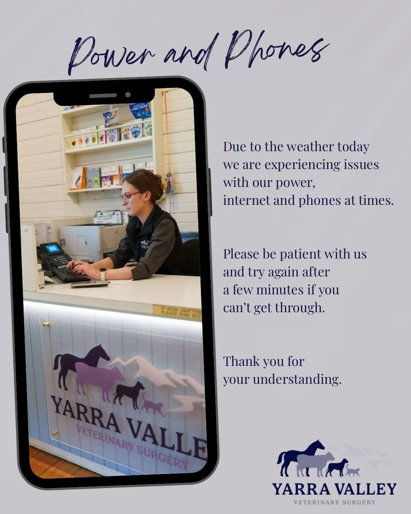 Due to the weather today, and planned power outages in Seville, we are experiencing issues with our power, internet and phones at times. 📱 

Please be patient with us and try again after 
a few minutes if you can&rsquo;t get through ☺️

Thank you fo