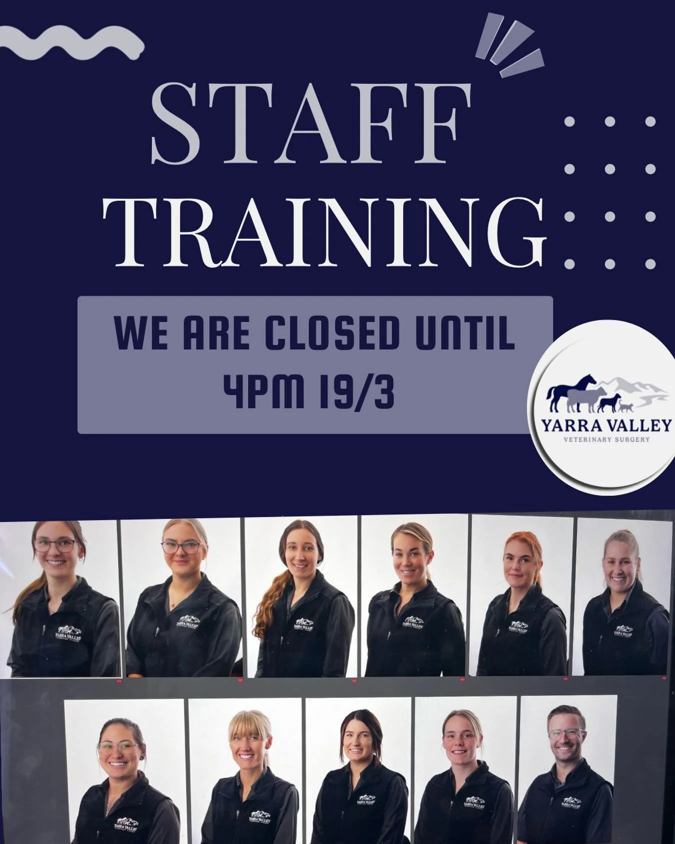 ‼️Important info‼️ 
Thursday 19/3 we are closed at both clinics until 4pm due to staff training.
Both clinics will open again at 4pm and be open until 7pm. 

For any emergencies please call us on 0499 990 729
