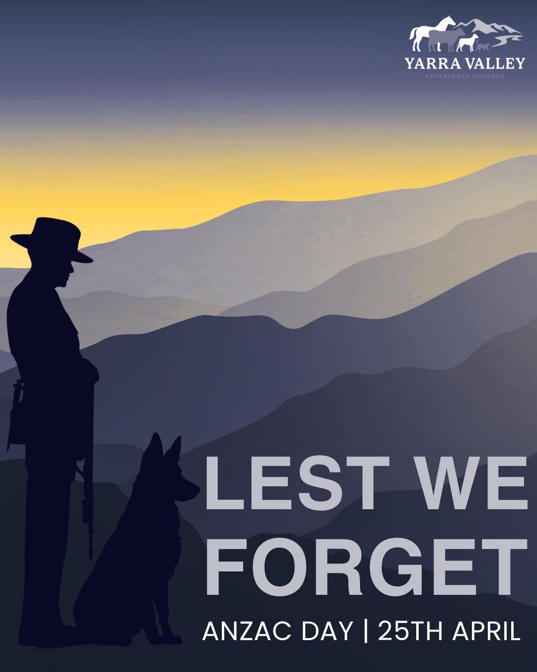 ~ Anzac Day ~

We will be closed for Anzac Day, but as always, we have a vet on call for any emergencies.
📱0499 990 729

We are back again Monday at 8am!

Lest We Forget 

#vetclinic #anzacday #weloveanimals #countryvets #yarravalleyvet #veterinaryc