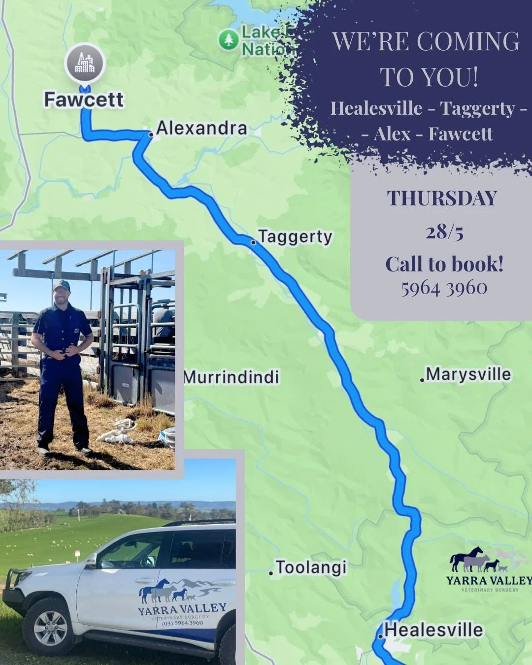 A couple of spots left!!

📣 NEXT DATE 28th MAY 📣
Murrindindi Shire Vet Run 

Due to popular demand we are coming back! Spots are already filling so make sure to call to secure your spot! 

🗓️ Thursday 28/5
📱Please call 5964 3960 to book! 

We can
