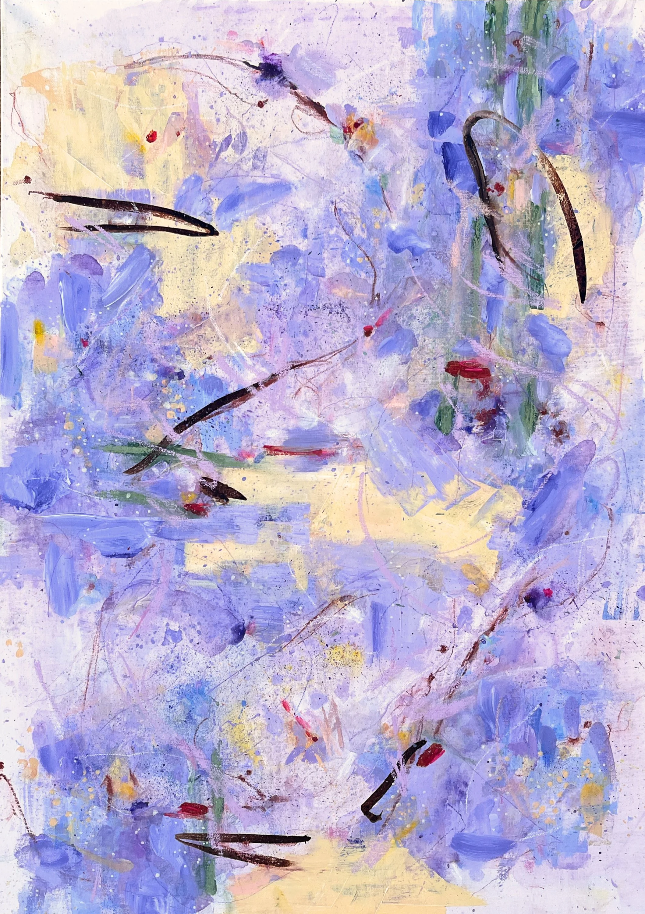 Particles purple green | 70x50 cm | 27.6x20  in | 2025 | mixed media: acrylic, aquarelle & sanguine pencils, markers and pastels