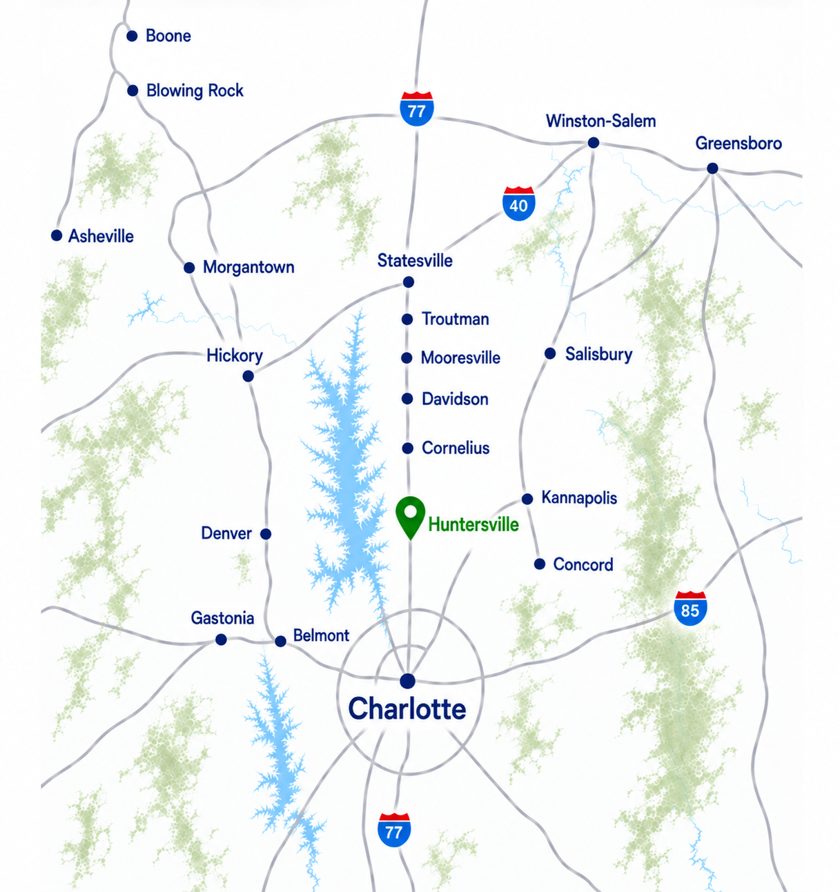 Map of Ground to Structure's structural engineering service area across Lake Norman and Charlotte, NC, including Huntersville, Davidson, Cornelius, Mooresville, and Denver. Huntersville is highlighted.