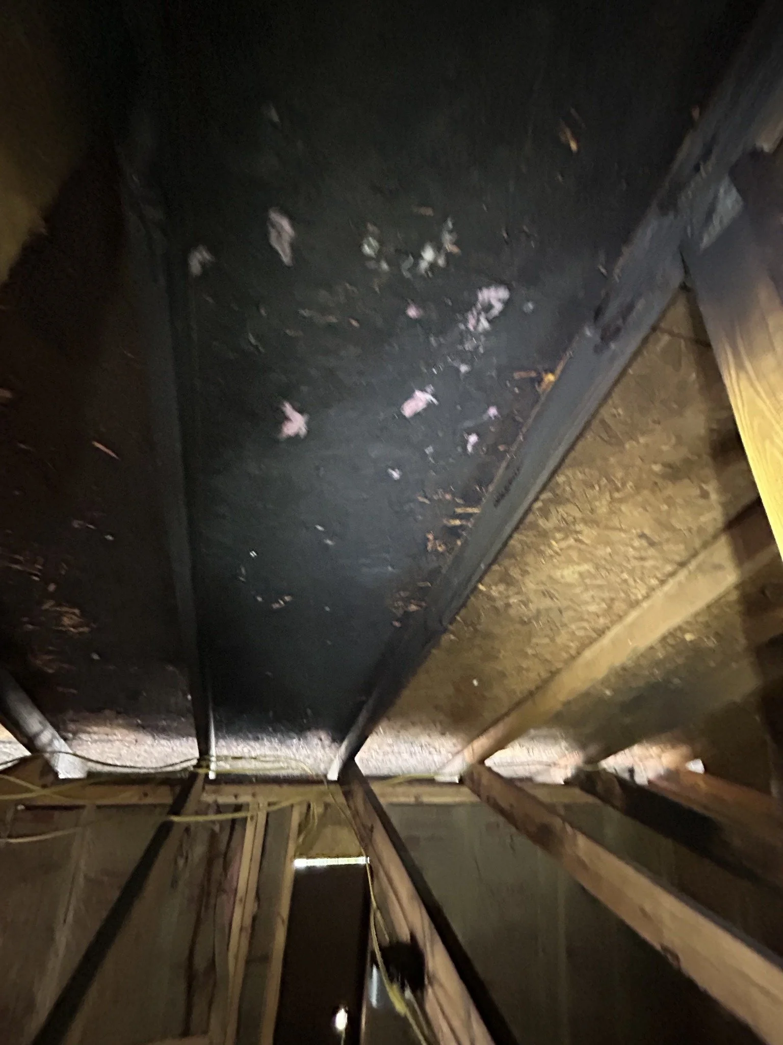 Construction frame with wooden studs and black sheathing, looking up from the basement or attic.