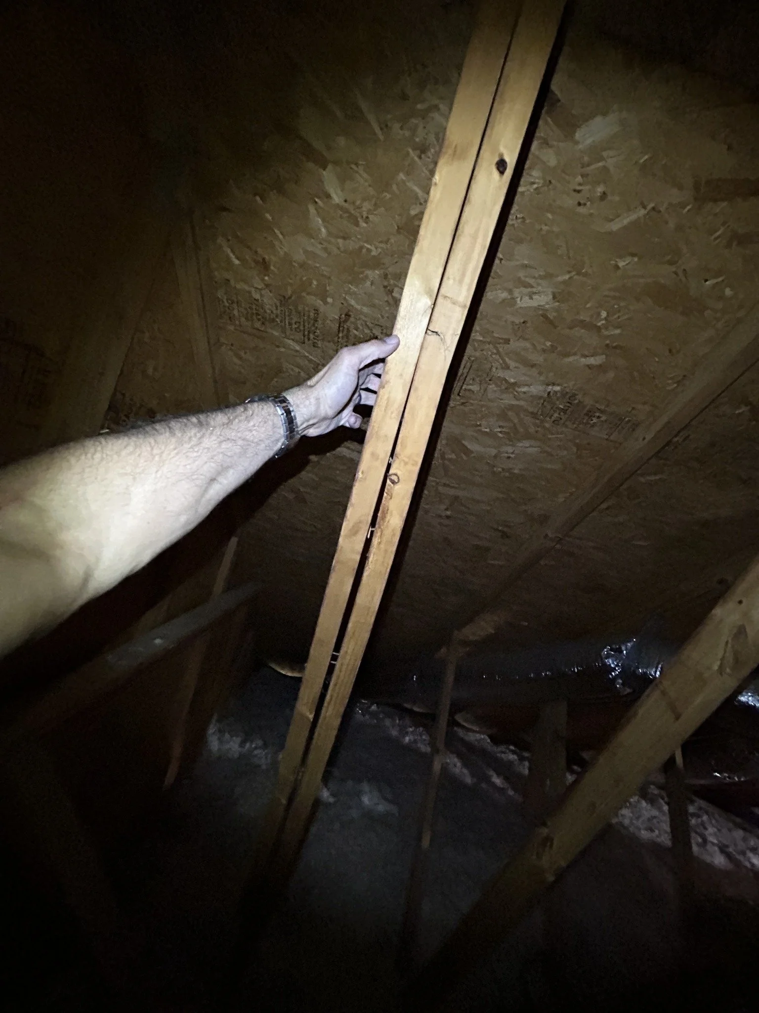 A person's arm holding a wooden stud in an attic space with exposed wooden framing and insulation underneath.