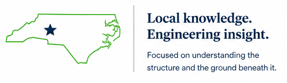 Outline of North Carolina with a star marking a location, accompanied by the text: "Local knowledge. Engineering insight. Focused on understanding the structure and the ground beneath it."