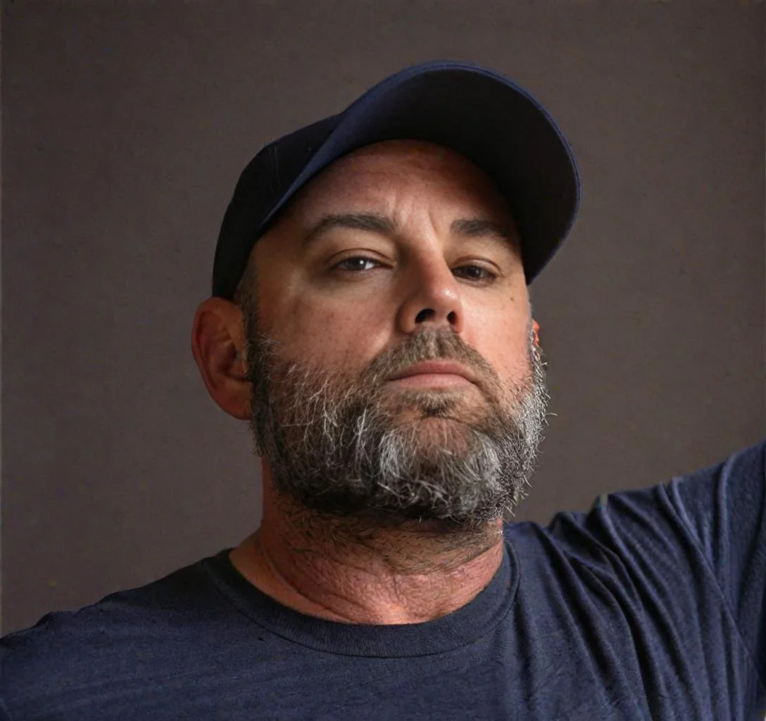 A man with a serious expression, wearing a navy blue baseball cap and a dark T-shirt, posing against a plain background.