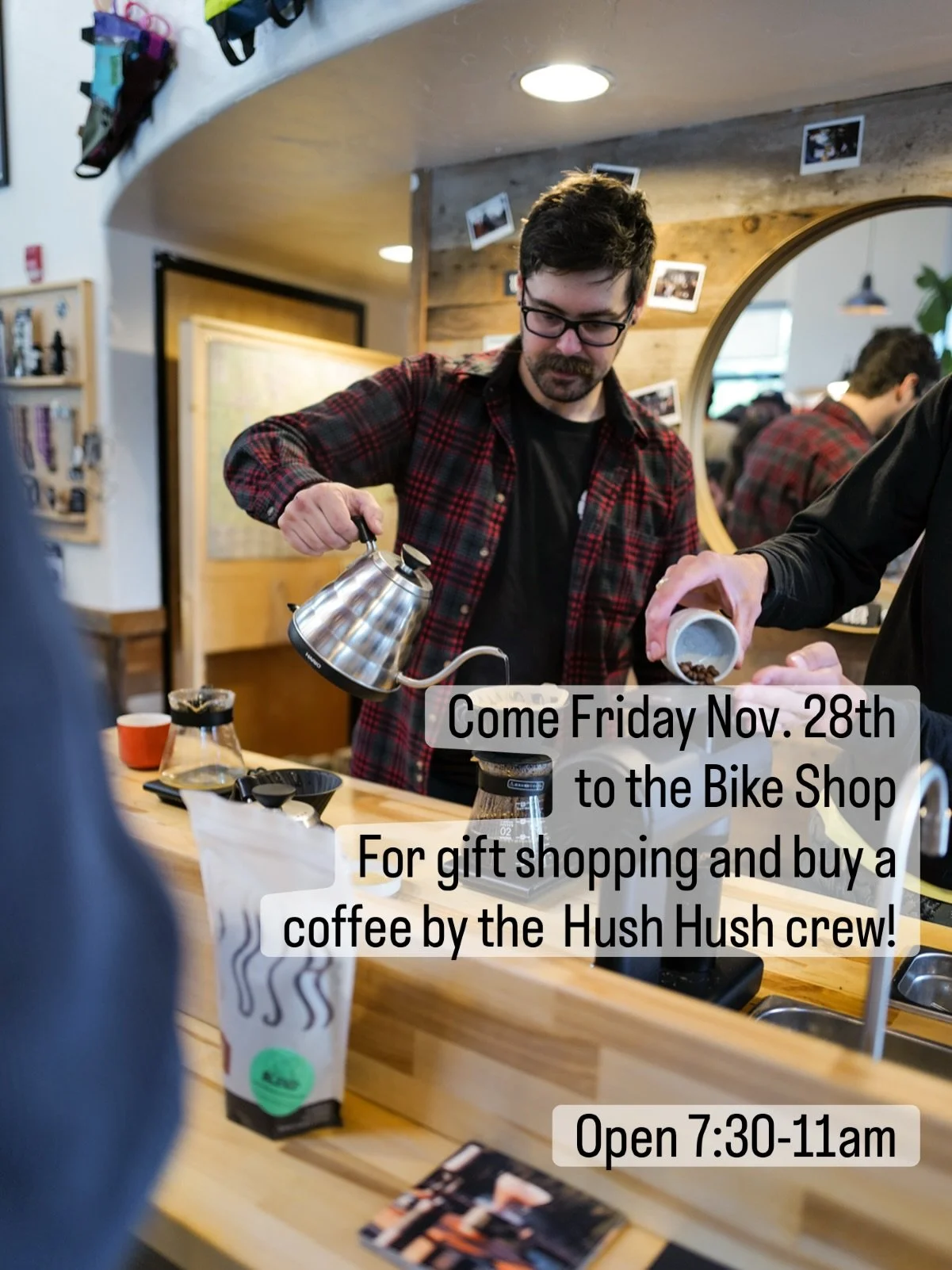 Come buy a coffee from @hushhushcoffee and do some gift shopping this Friday, November 28, 7:30 till 11 AM 

#shoplocal #smallbuisness #bikelife #bikesandcoffee #bendoregon