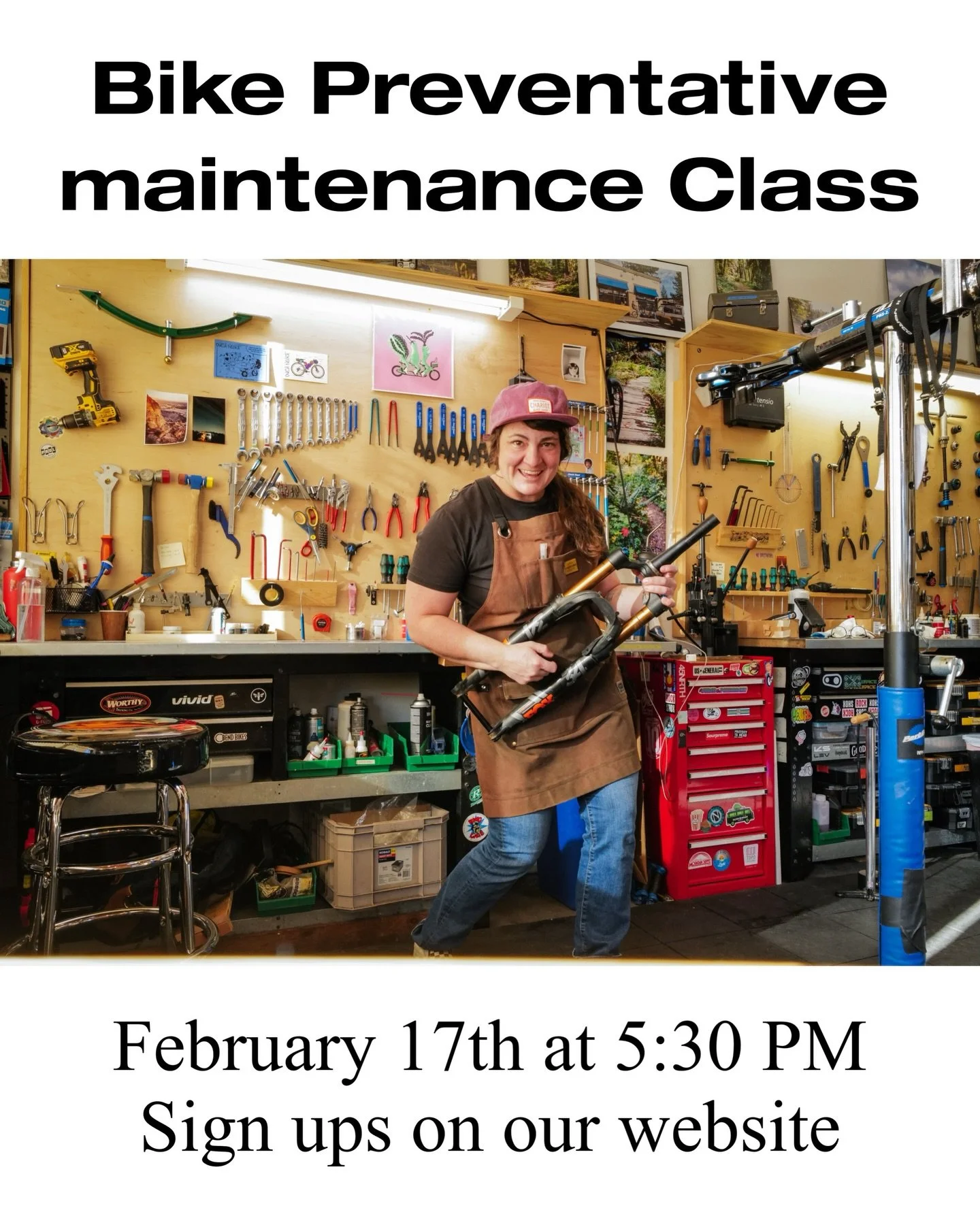 Join us Tuesday, Feb 17th at 5:30 pm for a 2ish hr. preventative maintenance class. $25

Preventive maintenance on bikes is what keeps you having fun on the trails. Knowing your brakes will stop you, shifting is smooth and efficient, bolts are tight,